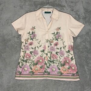Lemon Grass Studio Blouse M Peach Floral Eyelet Short Sleeve Button Up